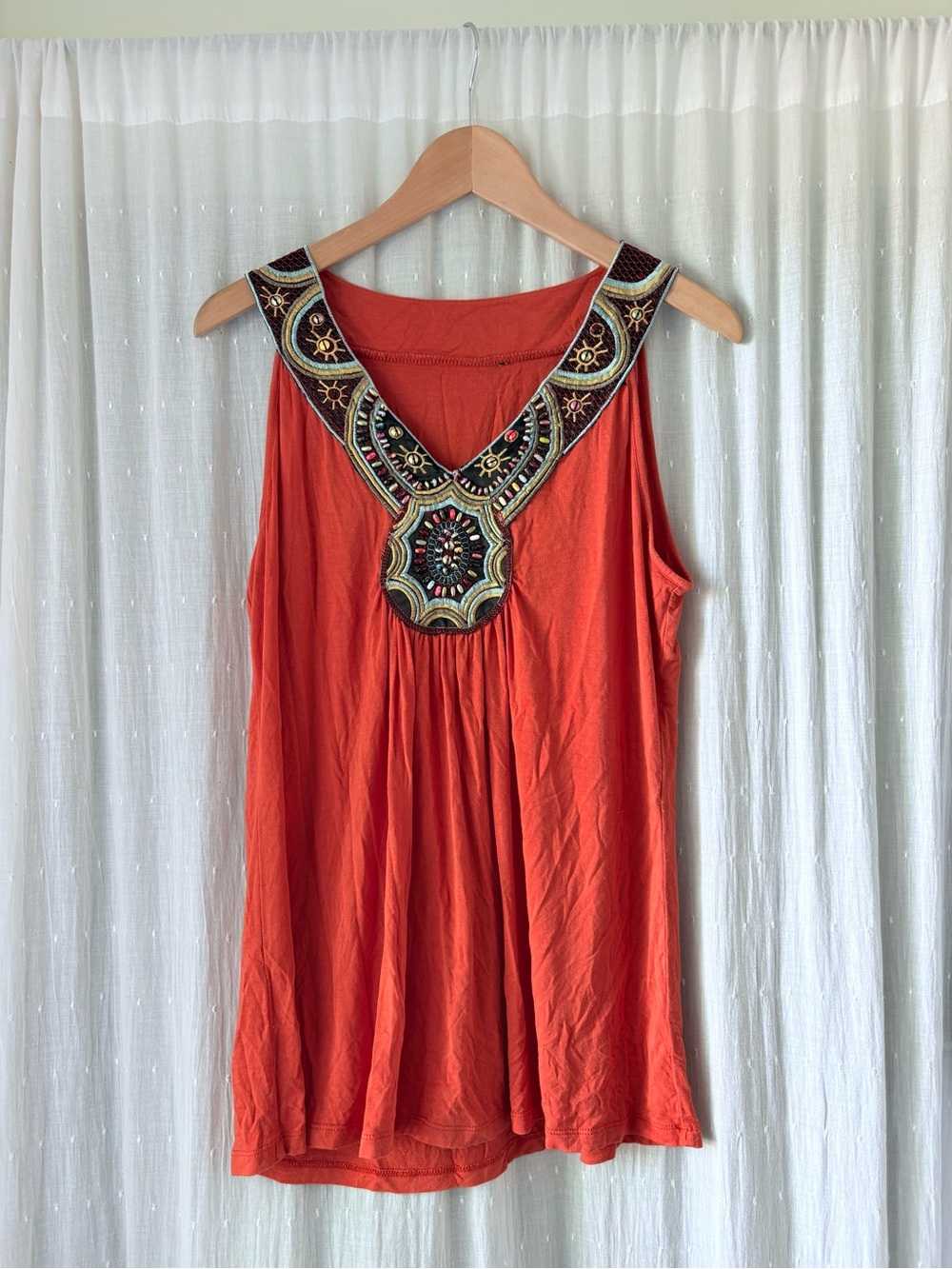 Embroidered V-Neck Sleeveless Top - Orange